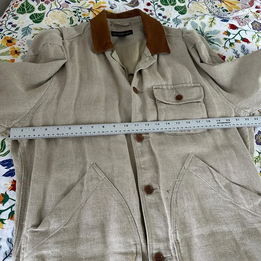 Vtg Banana Republic Safari‎ Jacket Mens XS Beige Linen Leather Collar Field Coat